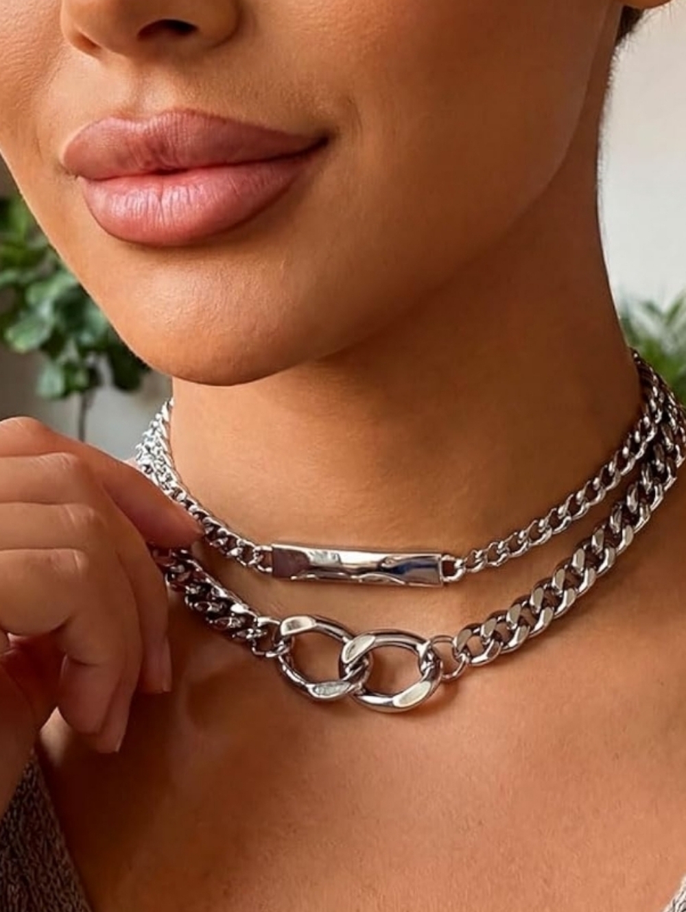 Silver Double-Layer Cuban Chain Necklace Set - Women Jewelry